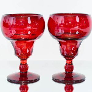 1930s Fenton Georgian Ruby Red Aqua Caliente Champagne Glasses Set of Two 5.5"H